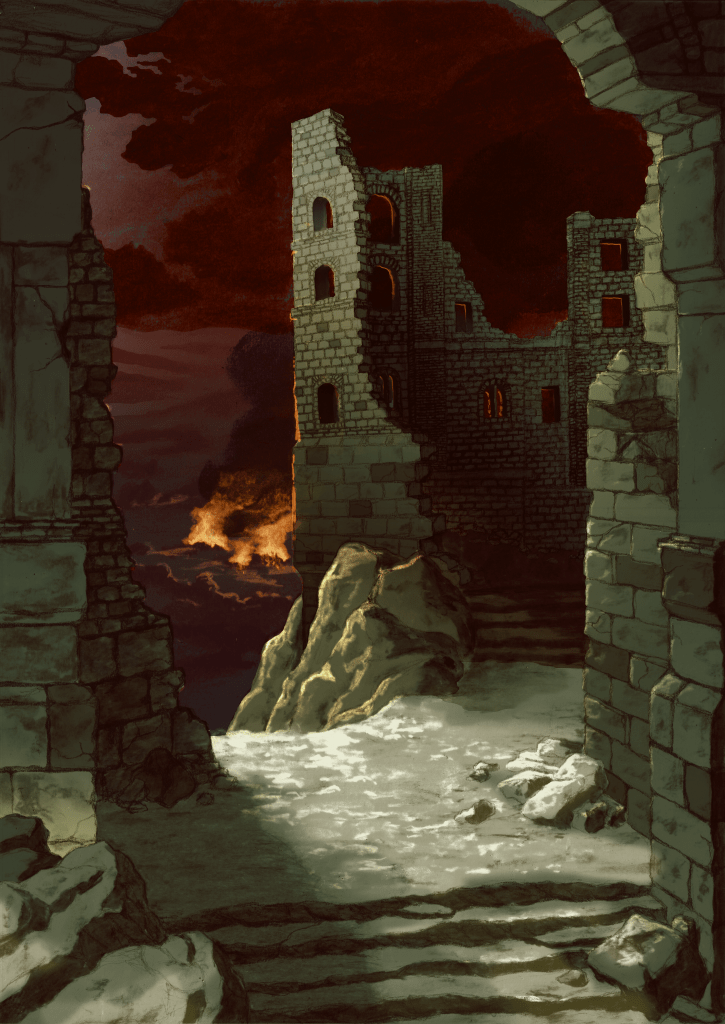 beautiful illustration of a castle in ruins with a fire in the hills in the back. by kayla cerrone