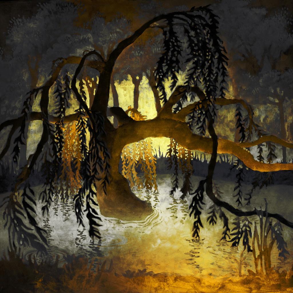 illustration of a weeping willow standing in shallow water. there is a warm evening sun shining from the back. by kayla cerrone
