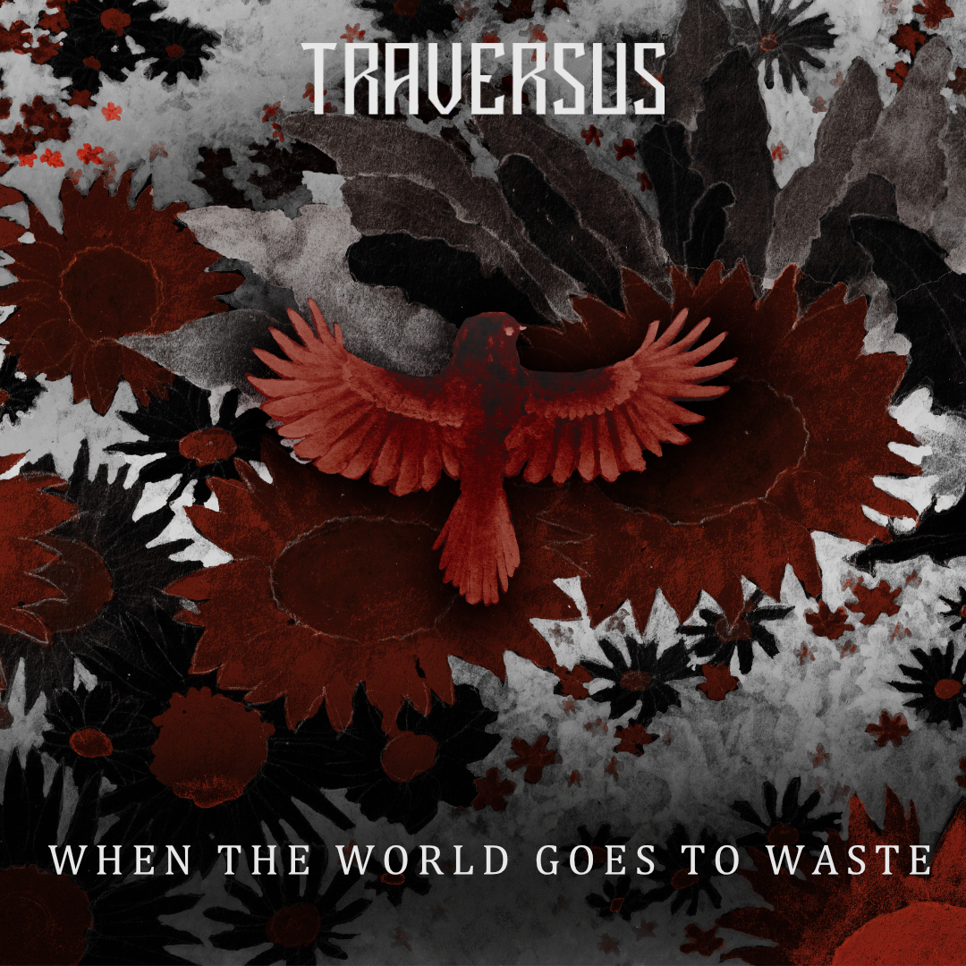 illustration for a metal single, showing a robin bird flying across a field of flowers in vibrant, graphic colours. by kayla cerrone