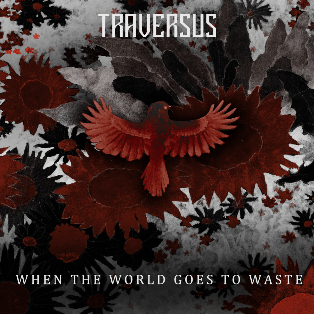 illustration for a metal single, showing a robin bird flying across a field of flowers in vibrant, graphic colours. by kayla cerrone