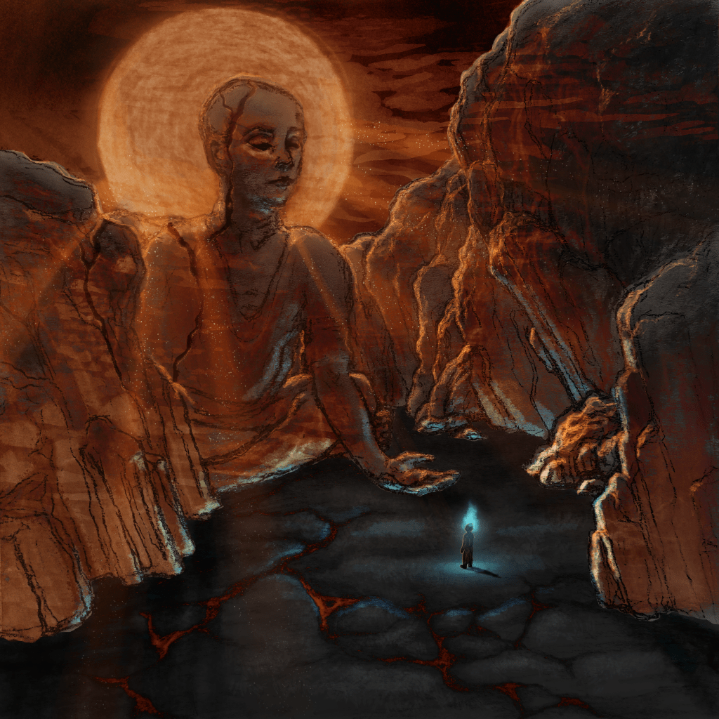 illustration for a metal release showing a godly stone creature in a fire and lava atmosphere. by kayla cerrone