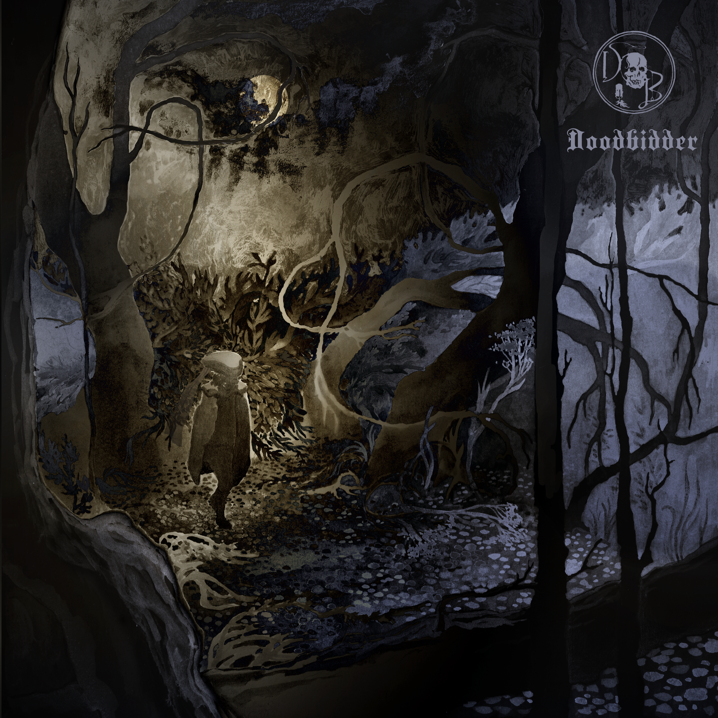 illustrated dark art cover for a black metal album. A Doodbidder is walking through a dark forest. by kayla cerrone