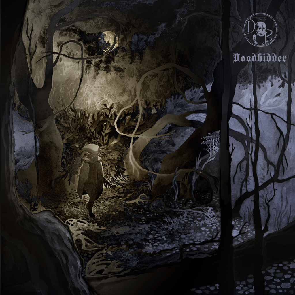 illustrated dark art cover for a black metal album. A Doodbidder is walking through a dark forest. by kayla cerrone