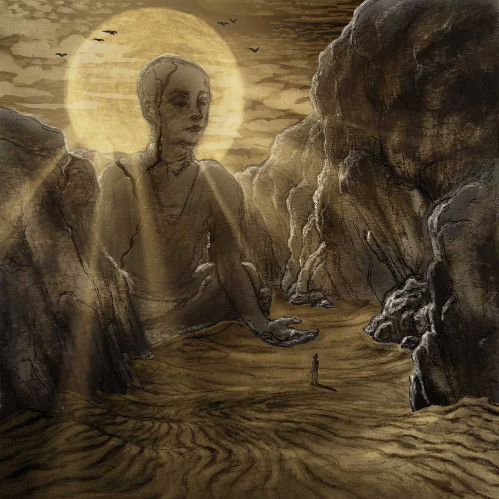 illustration for a metal release showing a godly stone creature in a desert atmosphere. by kayla cerrone