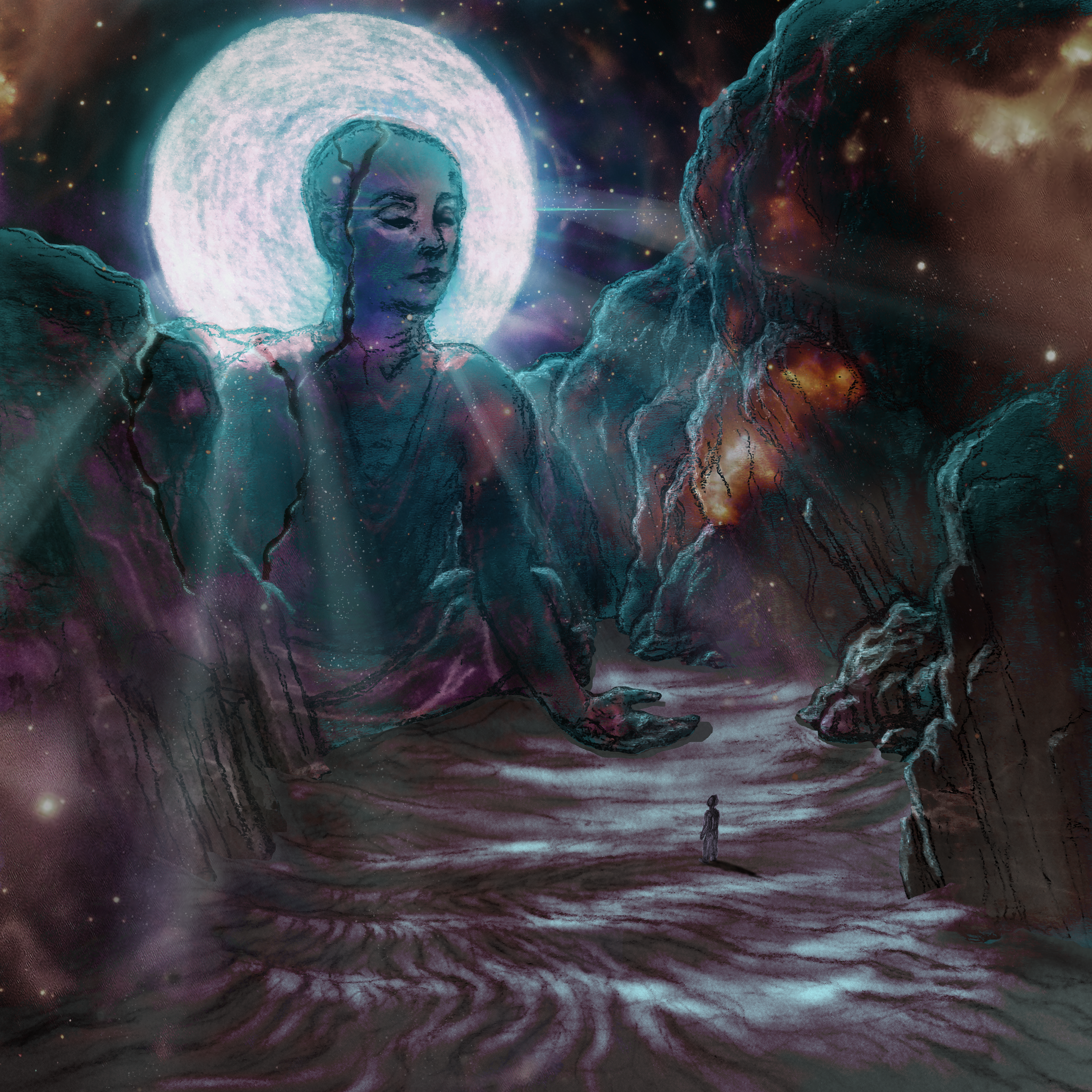 illustration for a metal release showing a godly stone creature in a cosmic atmosphere. by kayla cerrone