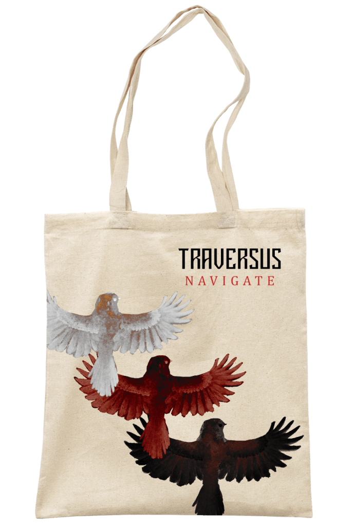 tote bag with an illustrated design for a metal band on it. designed by kayla cerrone, metal and rock illustrator