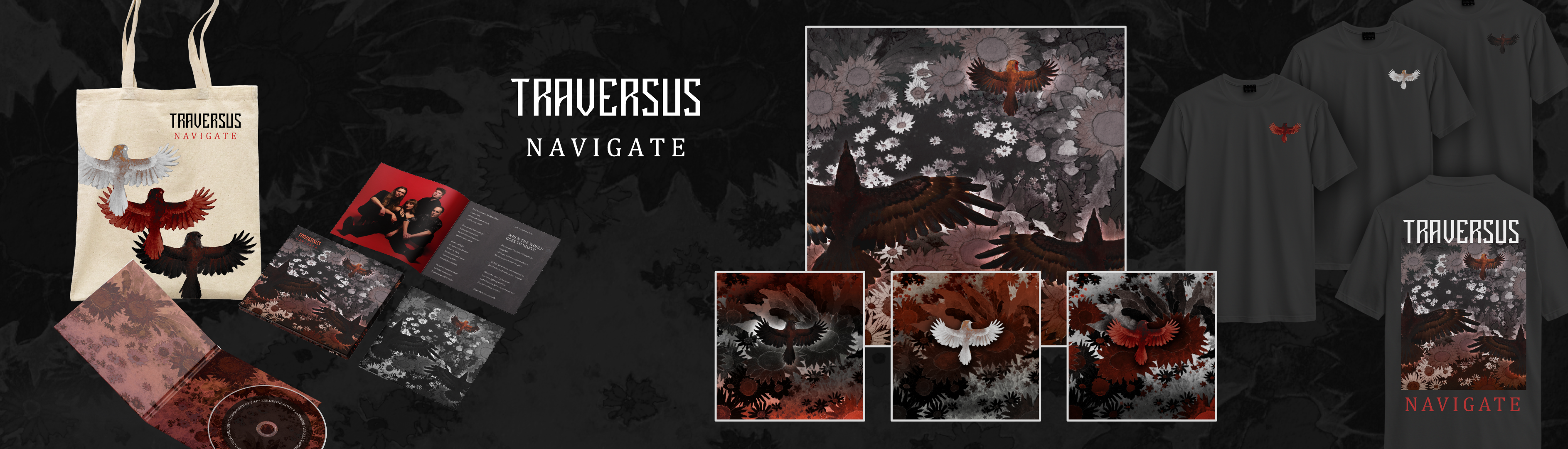 cohesive display of band merch for a metal band. there is an album cover, three shirt designs, a tote bag and a CD, all with illustrated designs on them.