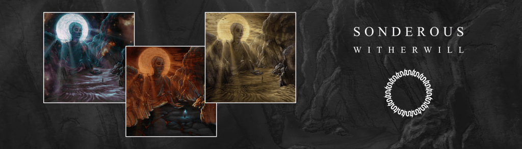 cohesive display of three illustrations for metal single releases. the illustrations are made on the same base, and each have different elements and atmospheres.