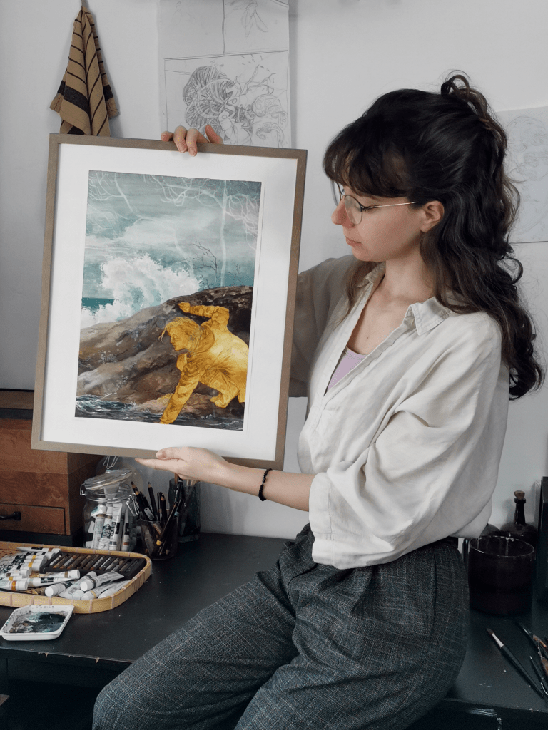 illustrator kayla cerrone showing her painting made for rijksmuseum twenthe for the rembrandt exposition
